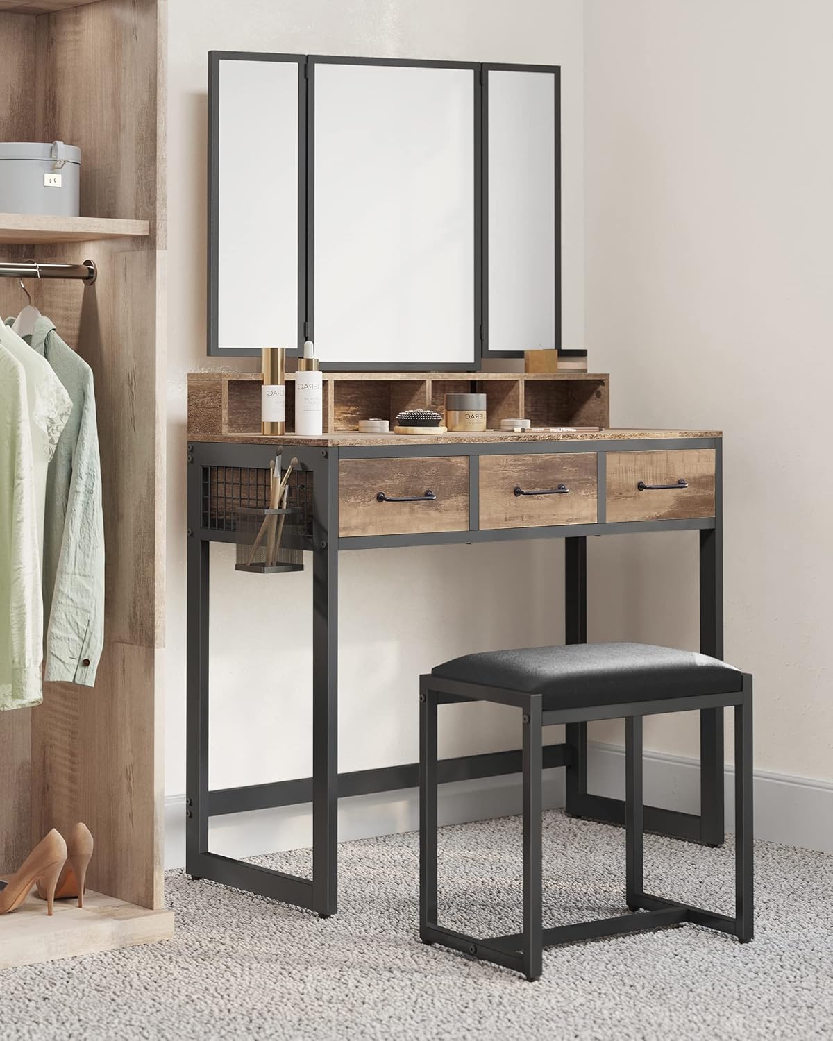 Industrial Vanity Table with 3-Panel Folding Mirror, 3 Drawers, Hair Dryer Holder and Upholstered Stool RVT004 Series - with Camel Brown | Sold by Uncle Wiener's Wholesale
