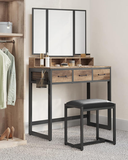 Industrial Vanity Table with 3-Panel Folding Mirror, 3 Drawers, Hair Dryer Holder and Upholstered Stool RVT004 Series - with Camel Brown | Sold by Uncle Wiener's Wholesale