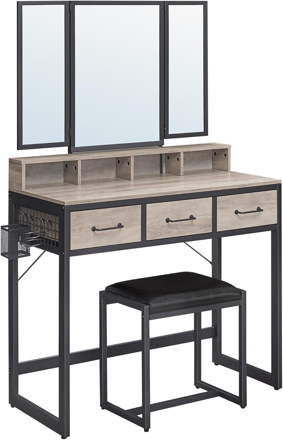 Industrial Vanity Table with 3-Panel Folding Mirror, 3 Drawers, Hair Dryer Holder and Upholstered Stool RVT004 Series - with Heather Greige | Sold by Uncle Wiener's Wholesale