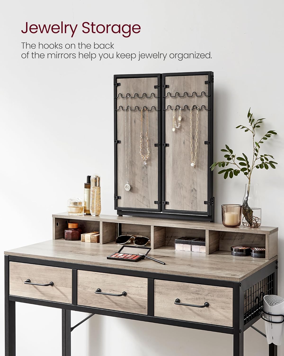 Industrial Vanity Table with 3-Panel Folding Mirror, 3 Drawers, Hair Dryer Holder and Upholstered Stool RVT004 Series - with Heather Greige | Sold by Uncle Wiener's Wholesale