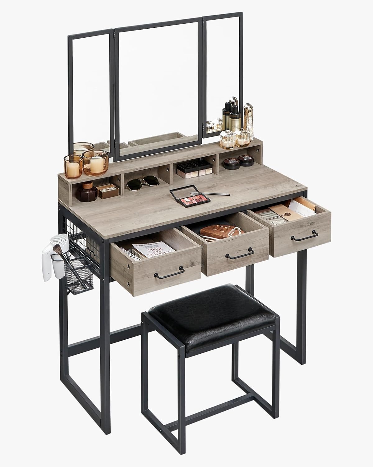 Industrial Vanity Table with 3-Panel Folding Mirror, 3 Drawers, Hair Dryer Holder and Upholstered Stool RVT004 Series - with Heather Greige | Sold by Uncle Wiener's Wholesale