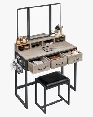 Industrial Vanity Table with 3-Panel Folding Mirror, 3 Drawers, Hair Dryer Holder and Upholstered Stool RVT004 Series