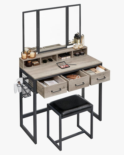 Industrial Vanity Table with 3-Panel Folding Mirror, 3 Drawers, Hair Dryer Holder and Upholstered Stool RVT004 Series - with Heather Greige | Sold by Uncle Wiener's Wholesale