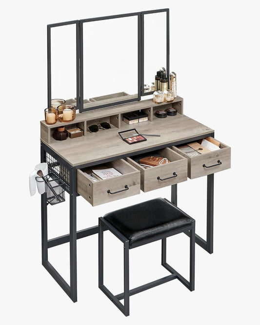 Industrial Vanity Table with 3-Panel Folding Mirror, 3 Drawers, Hair Dryer Holder and Upholstered Stool RVT004 Series - with Heather Greige | Sold by Uncle Wiener's Wholesale