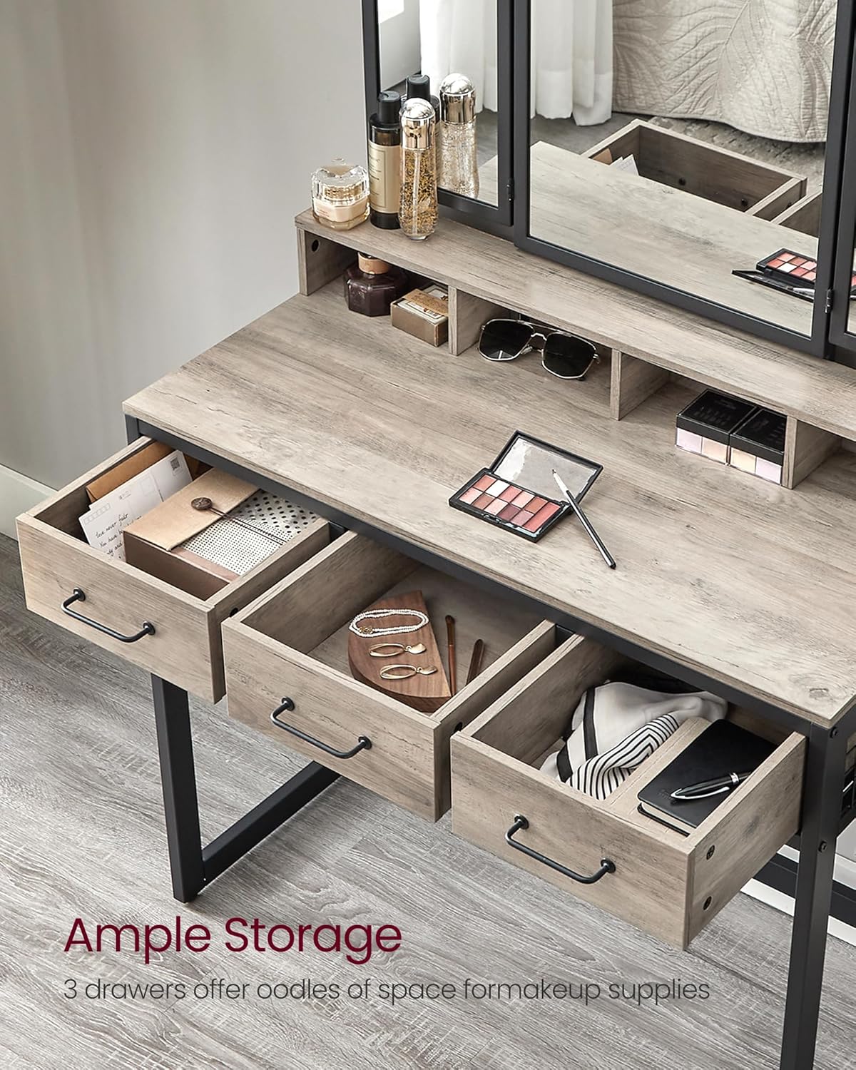 Industrial Vanity Table with 3-Panel Folding Mirror, 3 Drawers, Hair Dryer Holder and Upholstered Stool RVT004 Series - with Heather Greige | Sold by Uncle Wiener's Wholesale