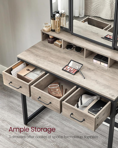 Industrial Vanity Table with 3-Panel Folding Mirror, 3 Drawers, Hair Dryer Holder and Upholstered Stool RVT004 Series - with Heather Greige | Sold by Uncle Wiener's Wholesale
