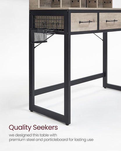 Industrial Vanity Table with 3-Panel Folding Mirror, 3 Drawers, Hair Dryer Holder and Upholstered Stool RVT004 Series - with Heather Greige | Sold by Uncle Wiener's Wholesale