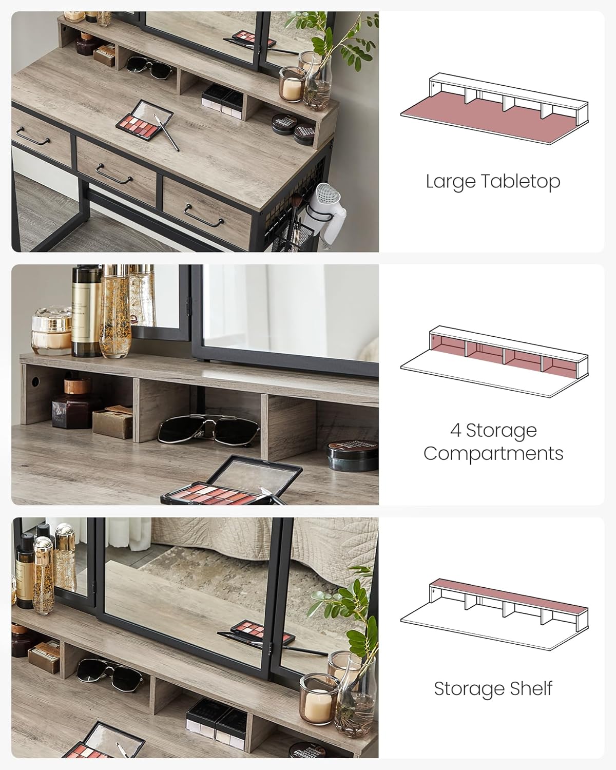 Industrial Vanity Table with 3-Panel Folding Mirror, 3 Drawers, Hair Dryer Holder and Upholstered Stool RVT004 Series - with Heather Greige | Sold by Uncle Wiener's Wholesale