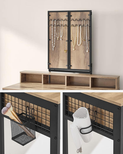 Industrial Vanity Table with 3-Panel Folding Mirror, 3 Drawers, Hair Dryer Holder and Upholstered Stool RVT004 Series - with Camel Brown | Sold by Uncle Wiener's Wholesale