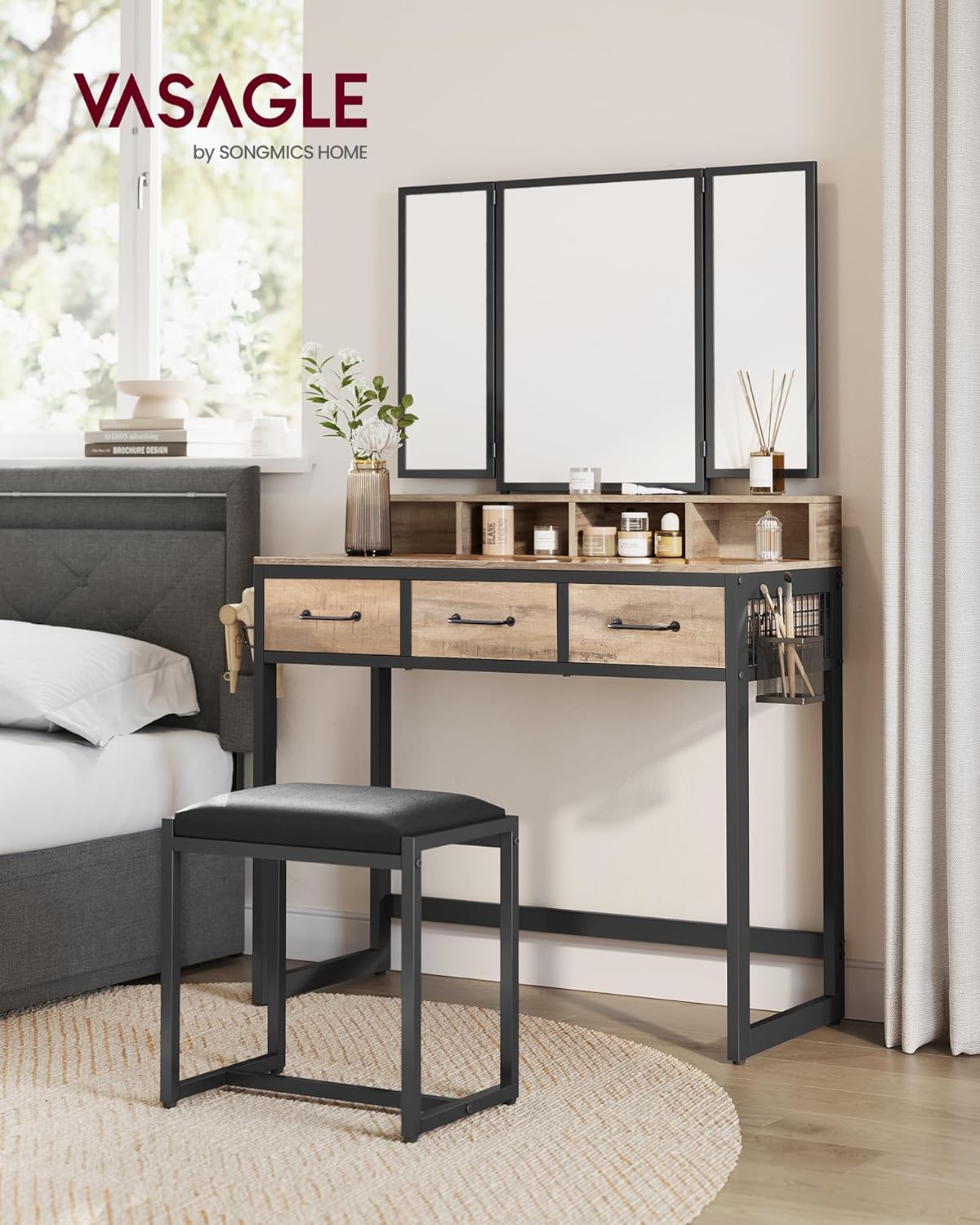 Industrial Vanity Table with 3-Panel Folding Mirror, 3 Drawers, Hair Dryer Holder and Upholstered Stool RVT004 Series - with Camel Brown | Sold by Uncle Wiener's Wholesale
