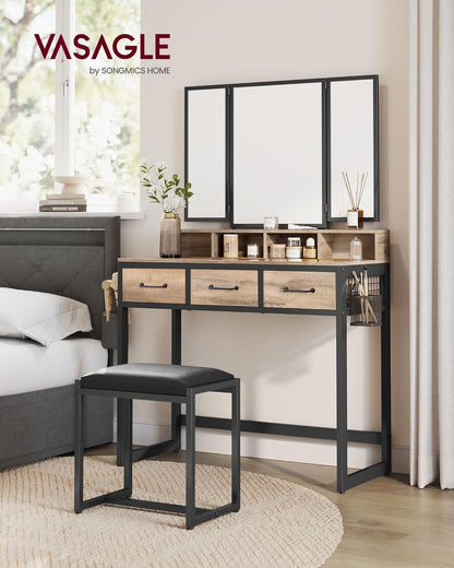 Industrial Vanity Table with 3-Panel Folding Mirror, 3 Drawers, Hair Dryer Holder and Upholstered Stool RVT004 Series - with Camel Brown | Sold by Uncle Wiener's Wholesale