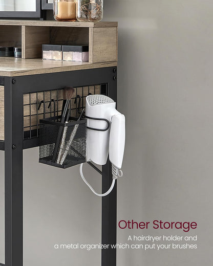 Industrial Vanity Table with 3-Panel Folding Mirror, 3 Drawers, Hair Dryer Holder and Upholstered Stool RVT004 Series - with Heather Greige | Sold by Uncle Wiener's Wholesale