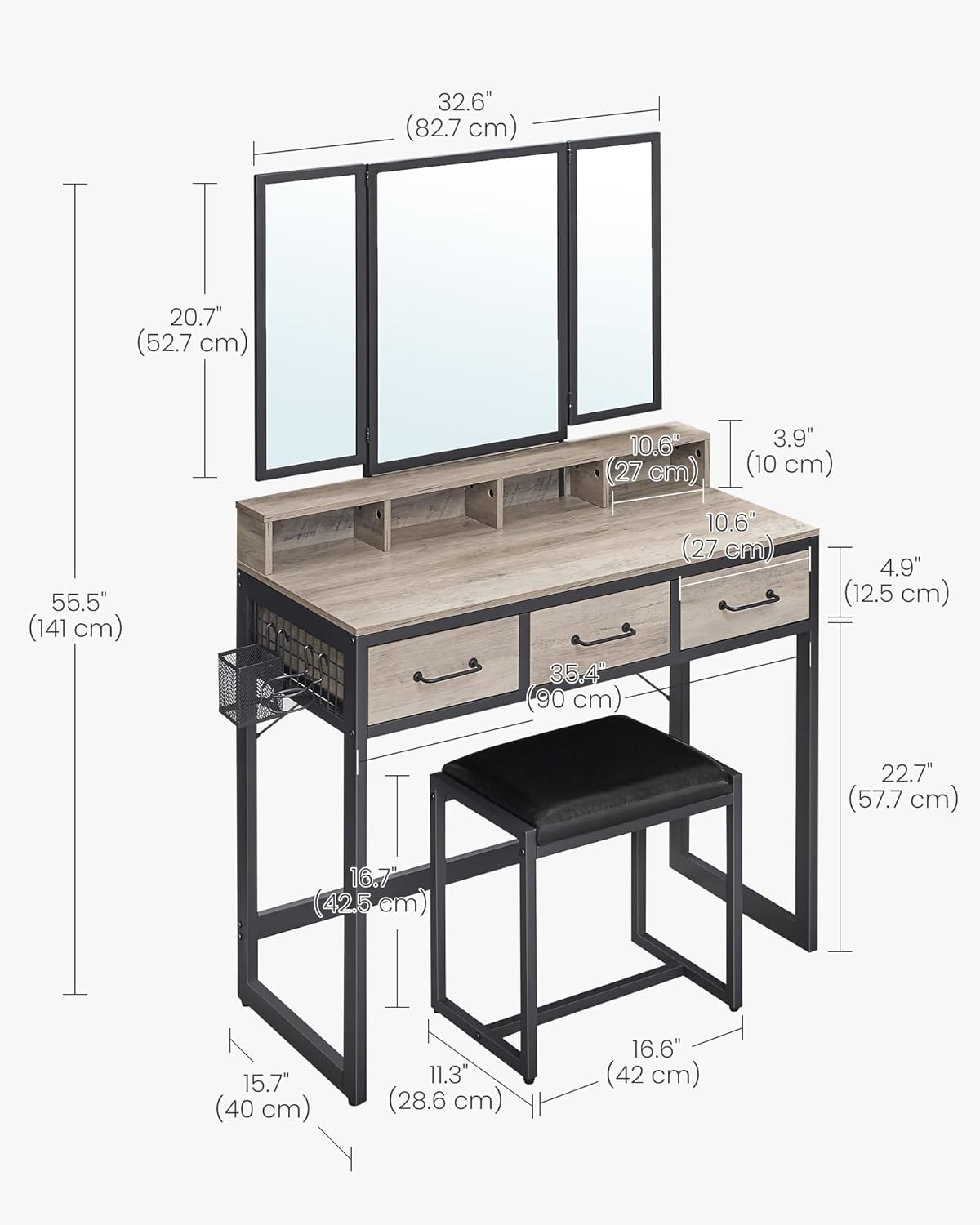 Industrial Vanity Table with 3-Panel Folding Mirror, 3 Drawers, Hair Dryer Holder and Upholstered Stool RVT004 Series - with Heather Greige | Sold by Uncle Wiener's Wholesale