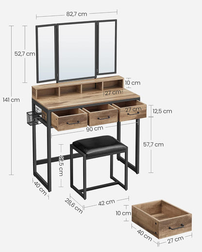 Industrial Vanity Table with 3-Panel Folding Mirror, 3 Drawers, Hair Dryer Holder and Upholstered Stool RVT004 Series - with Camel Brown | Sold by Uncle Wiener's Wholesale