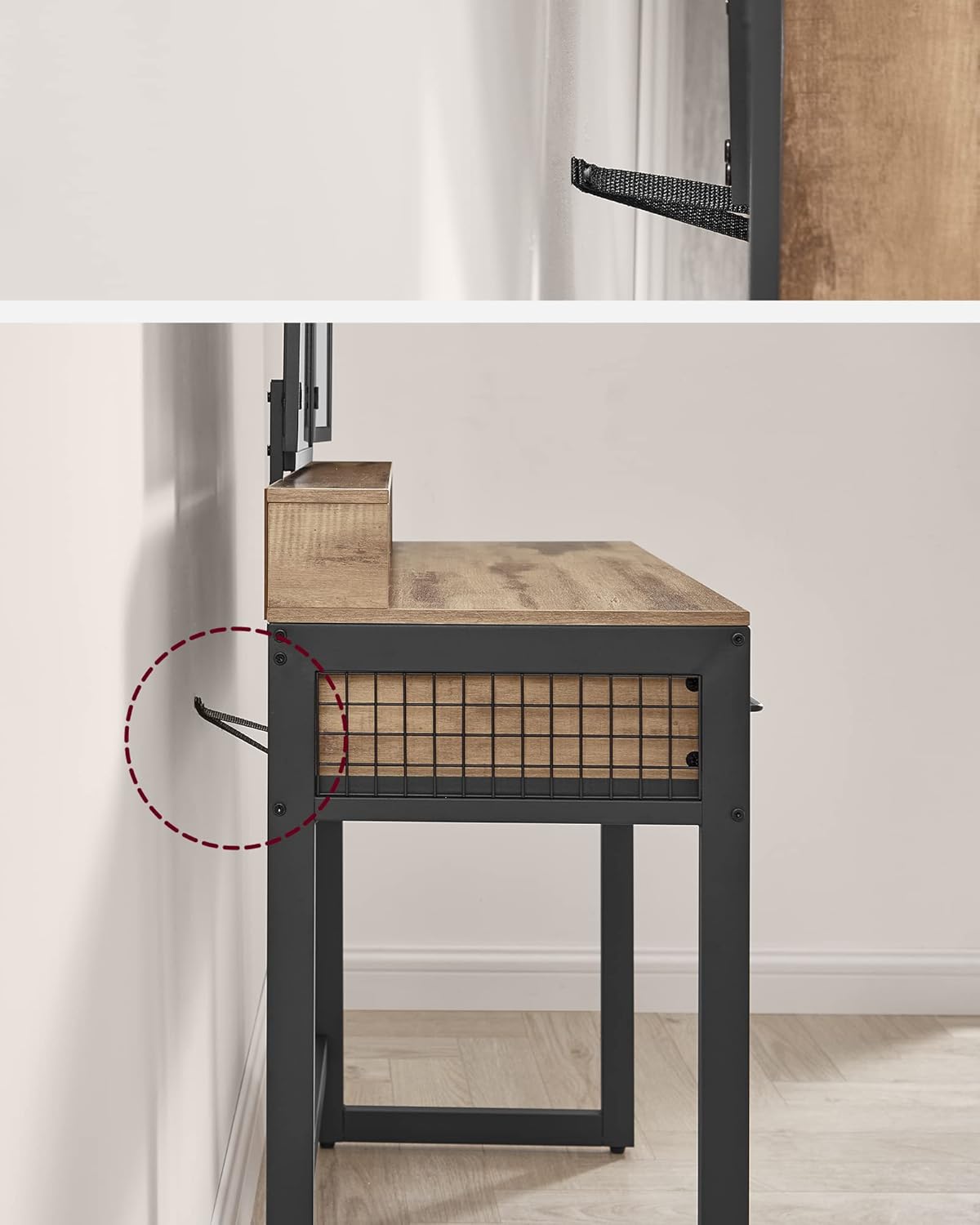Industrial Vanity Table with 3-Panel Folding Mirror, 3 Drawers, Hair Dryer Holder and Upholstered Stool RVT004 Series - with Camel Brown | Sold by Uncle Wiener's Wholesale