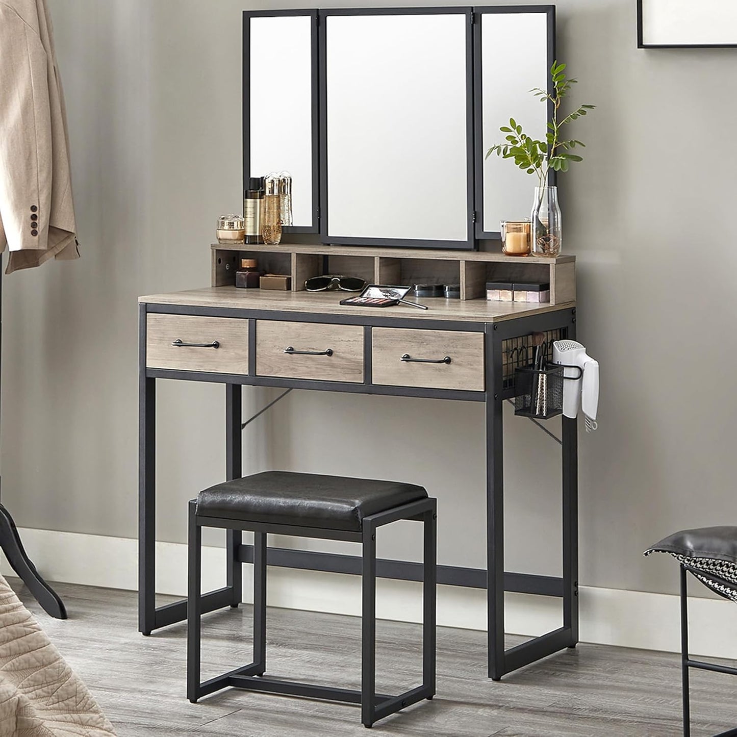 Industrial Vanity Table with 3-Panel Folding Mirror, 3 Drawers, Hair Dryer Holder and Upholstered Stool RVT004 Series - with Heather Greige | Sold by Uncle Wiener's Wholesale
