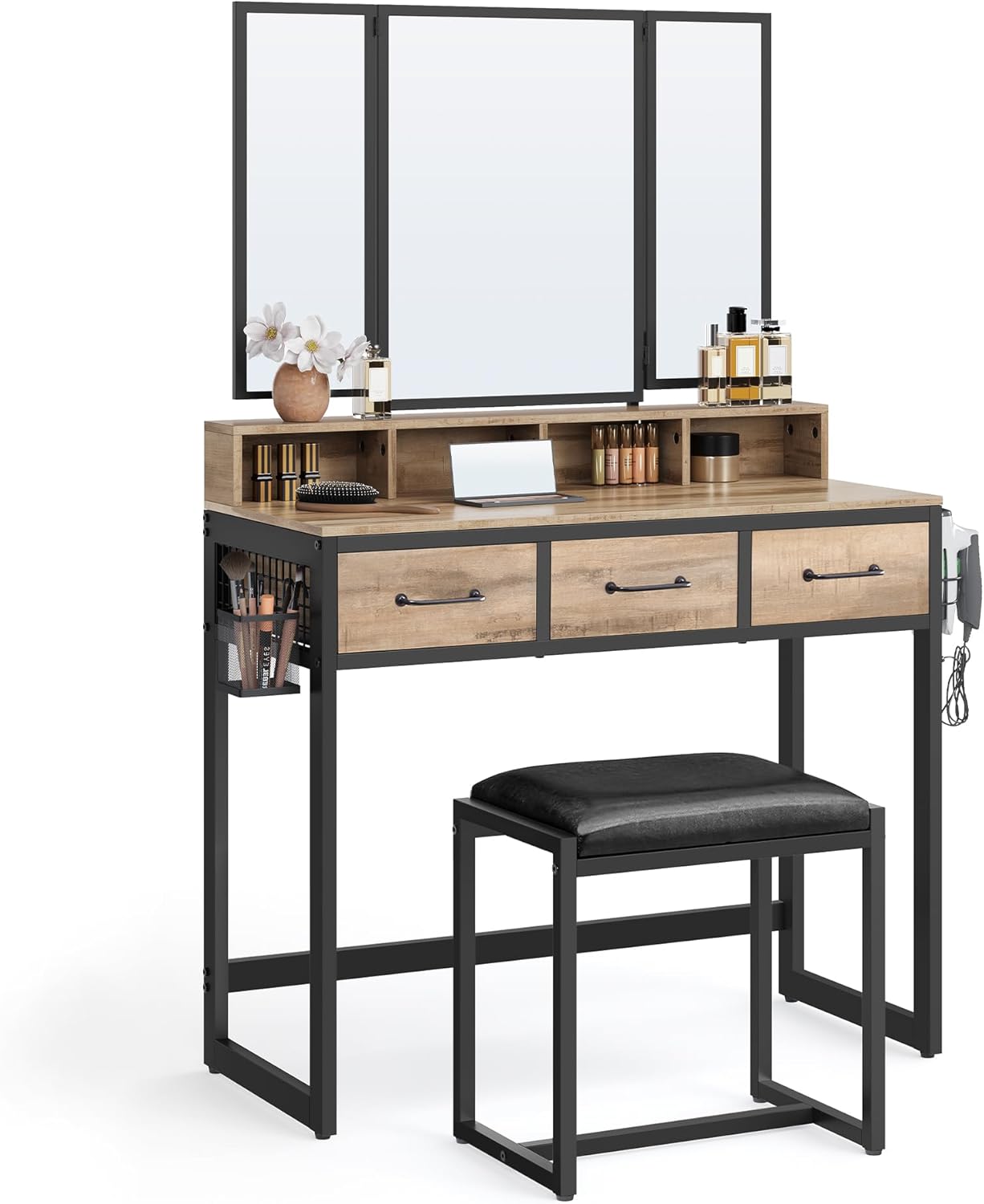 Industrial Vanity Table with 3-Panel Folding Mirror, 3 Drawers, Hair Dryer Holder and Upholstered Stool RVT004 Series - with Camel Brown | Sold by Uncle Wiener's Wholesale