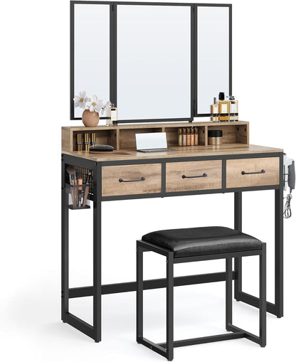 Industrial Vanity Table with 3-Panel Folding Mirror, 3 Drawers, Hair Dryer Holder and Upholstered Stool RVT004 Series - with Camel Brown | Sold by Uncle Wiener's Wholesale