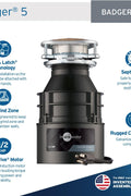 InSinkErator Badger 5 Garbage Disposal with Power Cord, Standard Series 1/2 HP Continuous Feed Food Waste Disposer, Badger 5 W/C, No Size, Black/Gray - with Black/Gray | Sold by Uncle Wiener's Wholesale