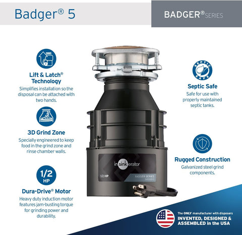 InSinkErator Badger 5 Garbage Disposal with Power Cord, Standard Series 1/2 HP Continuous Feed Food Waste Disposer, Badger 5 W/C, No Size, Black/Gray - with Black/Gray | Sold by Uncle Wiener's Wholesale