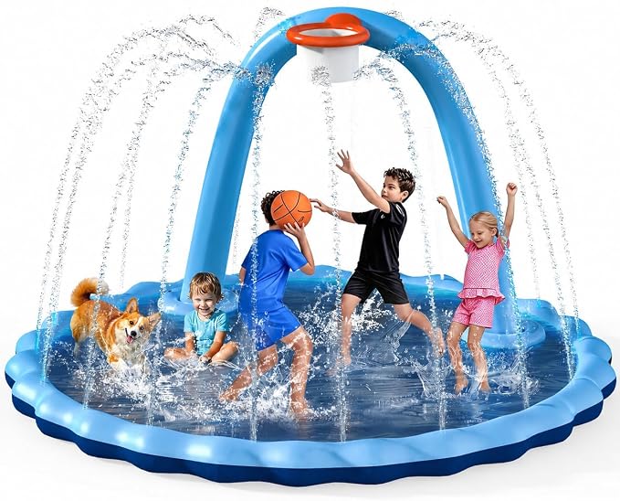 Instraella 110-Inch Kids Splash Pad with Basketball Hoop – 2-in-1 Inflatable Sprinkler Mat for Backyard Outdoor Water Play - Toys with | Sold by Uncle Wiener's Wholesale