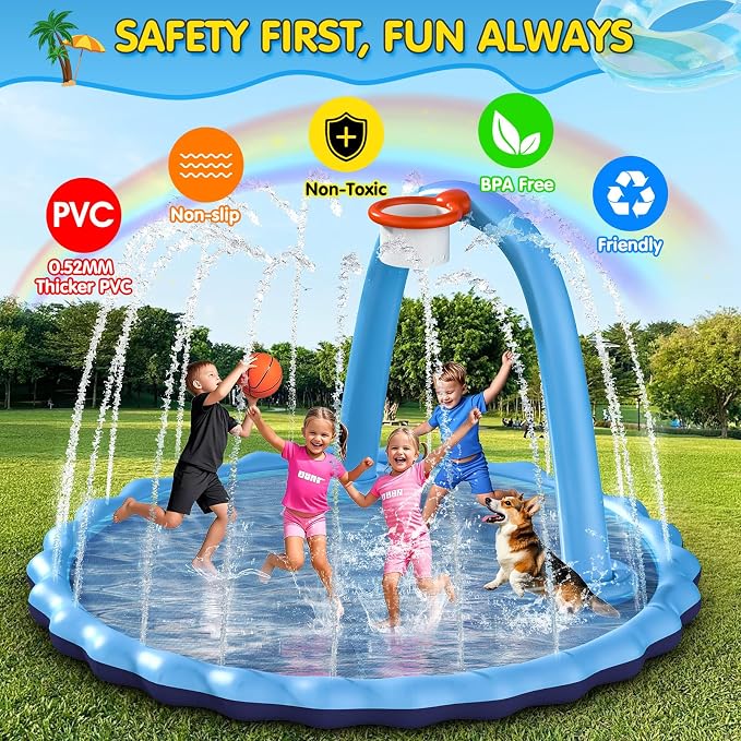 Instraella 110-Inch Kids Splash Pad with Basketball Hoop – 2-in-1 Inflatable Sprinkler Mat for Backyard Outdoor Water Play - Toys with | Sold by Uncle Wiener's Wholesale