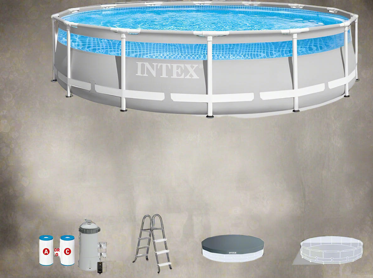 Intex 14ft x 42in round Clearview above ground pool

Family using Intex Clearview pool with kids

Pool filter pump and ladder accessories

Clear sidewall panel on Intex pool – close-up