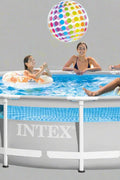 Intex 14ft x 42in round Clearview above ground pool

Family using Intex Clearview pool with kids

Pool filter pump and ladder accessories

Clear sidewall panel on Intex pool – close-up