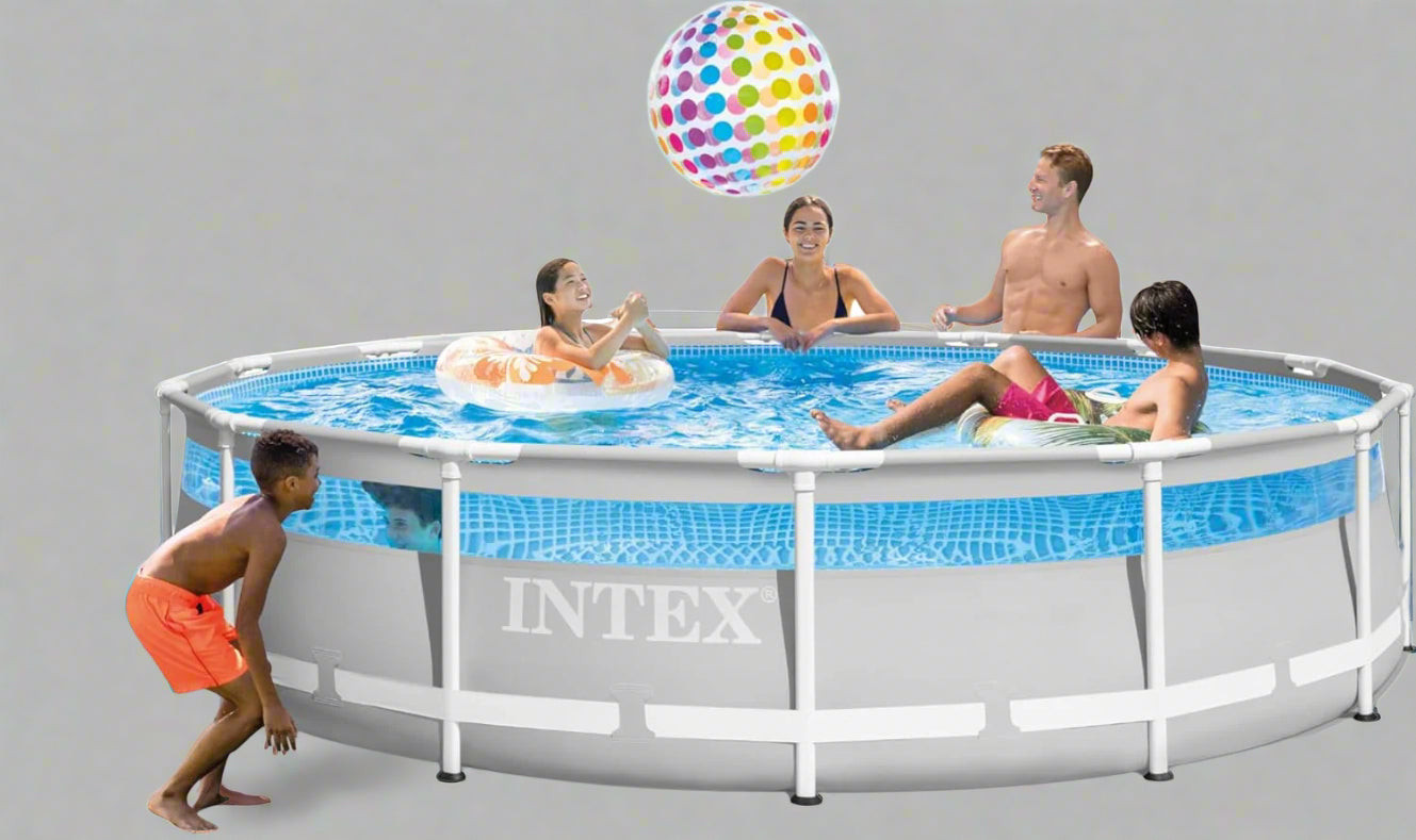 Intex 14ft x 42in round Clearview above ground pool

Family using Intex Clearview pool with kids

Pool filter pump and ladder accessories

Clear sidewall panel on Intex pool – close-up