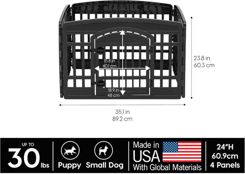 IRIS USA 24" Exercise 4 - Panel Pet Playpen with Door, Dog Playpen For Puppy Small Dogs Keep Pets Secure Easy Assemble Easy Storing Customizable Non - Skid Rubber Feet, Black - with 4 Panel, 24"H | Sold by Uncle Wiener's Wholesale