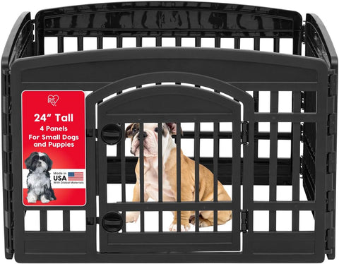IRIS USA 24" Exercise 4 - Panel Pet Playpen with Door, Dog Playpen For Puppy Small Dogs Keep Pets Secure Easy Assemble Easy Storing Customizable Non - Skid Rubber Feet, Black - with 4 Panel, 24"H | Sold by Uncle Wiener's Wholesale