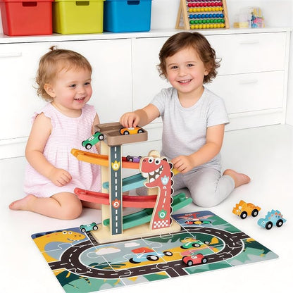 Itainq Wooden Car Ramp Racer Toy – Dinosaur Montessori Race Track with 6 Toy Cars & Puzzle for Toddlers Ages 1–2 - Toys with | Sold by Uncle Wiener's Wholesale