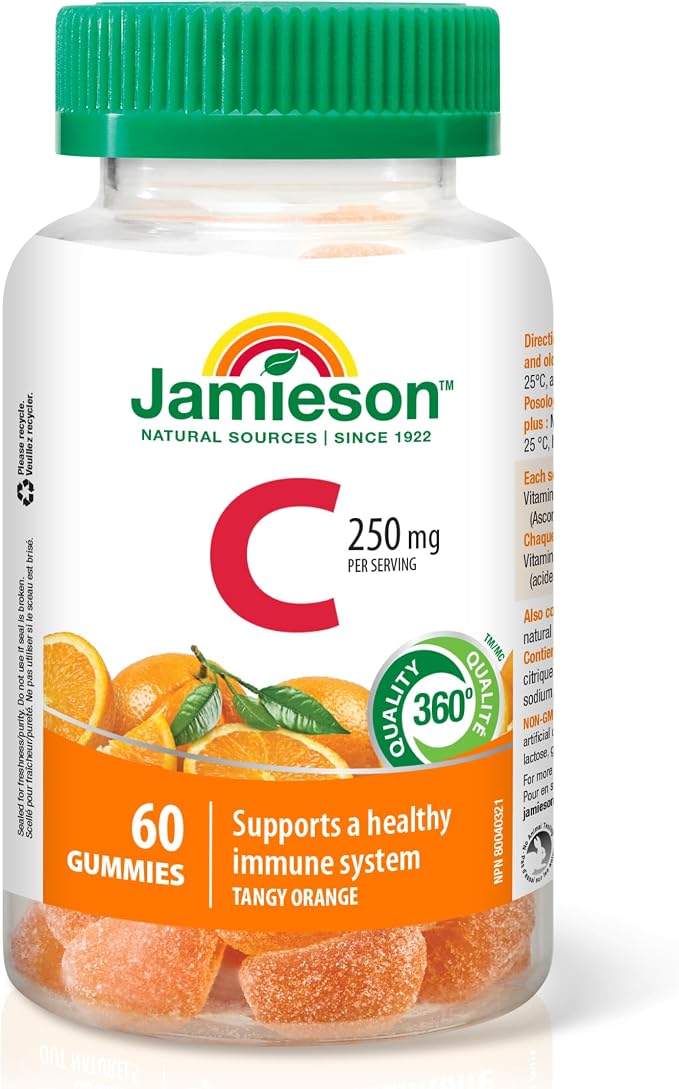 Jamieson Vitamin C Gummies 250mg – Tangy Orange Flavour Immune Support Gummies, 60 Count, Gelatin-Free & Vegetarian - Snack with | Sold by Uncle Wiener's Wholesale