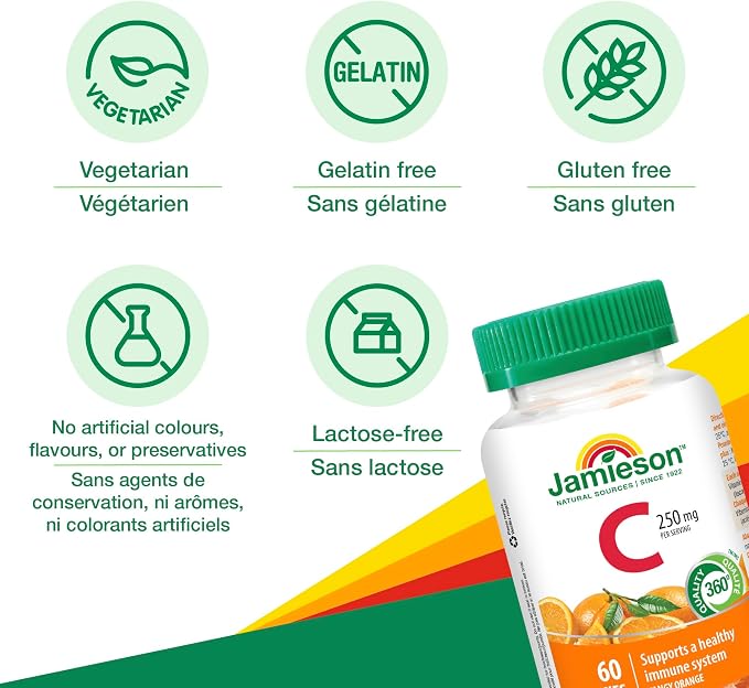 Jamieson Vitamin C Gummies 250mg – Tangy Orange Flavour Immune Support Gummies, 60 Count, Gelatin-Free & Vegetarian - Snack with | Sold by Uncle Wiener's Wholesale