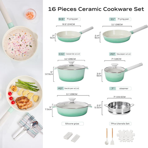 JEETEE Pots and Pan Set Nonstick, Ceramic Cookware Sets 12 Pcs, Healthy Non Stick Cookware Set, Non - Toxic Induction Pots and Pans Kitchen Cooking Set, PFOS & PFOA Free, Green Gradient - with | Sold by Uncle Wiener's Wholesale