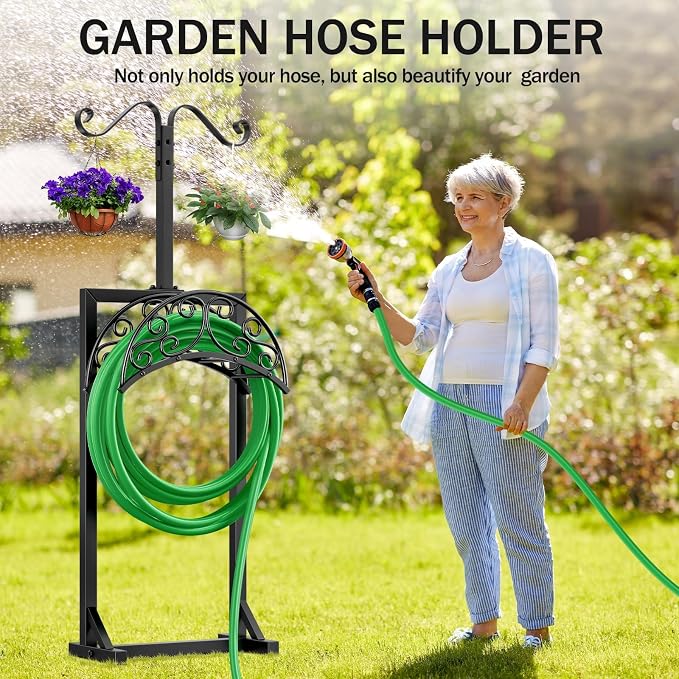 Jvgoo Garden Hose Holder Stand – Heavy-Duty Freestanding Metal Hose Hanger with 5 Ground Spikes & 2 Shepherd Hooks - Garden & Landscaping with Black | Sold by Uncle Wiener's Wholesale