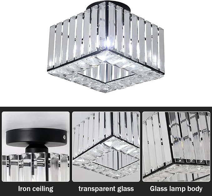 Kadomm Modern Crystal Semi Flush Mount Ceiling Light – Matte Black Square Ceiling Fixture for Bedroom, Hallway & Entryway - Home decor with | Sold by Uncle Wiener's Wholesale