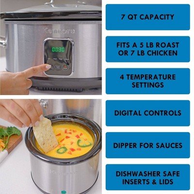 Kenmore 7qt Slow Cooker with Dipper Stainless Steel Black 80010: Programmable, Digital Timer, Removable Ceramic Pot - with Dimensions (Overall): 10.24 Inches (H) x 12.7 Inches (W) x 16.26 Inches (D) | Sold by Uncle Wiener's Wholesale