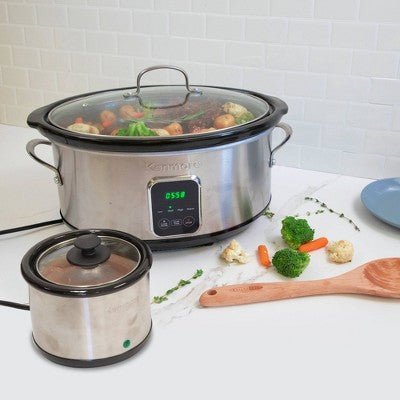 Kenmore 7qt Slow Cooker with Dipper Stainless Steel Black 80010: Programmable, Digital Timer, Removable Ceramic Pot - with <B>Dimensions (Overall):</B> 10.24 Inches (H) x 12.7 Inches (W) x 16.26 Inches (D) | Sold by Uncle Wiener's Wholesale