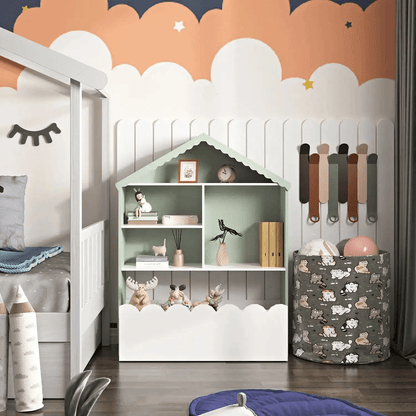 Kids Bookcase with Storage Bin – House - Shaped White Bookshelf for Bedroom, Playroom, Daycare BC038W - with | Sold by Uncle Wiener's Wholesale