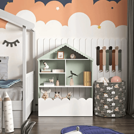 Kids Bookcase with Storage Bin – House - Shaped White Bookshelf for Bedroom, Playroom, Daycare BC038W - with | Sold by Uncle Wiener's Wholesale
