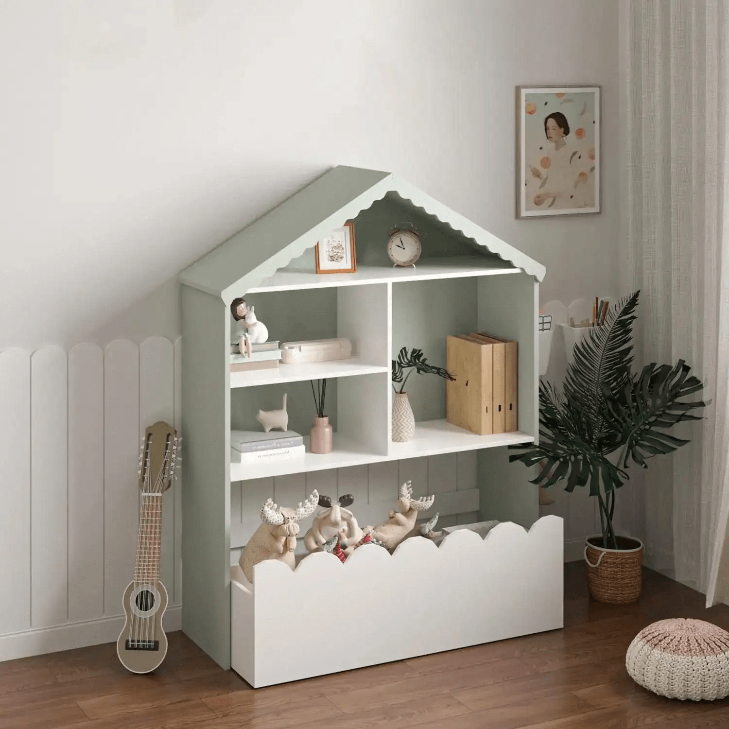 Kids Bookcase with Storage Bin – House - Shaped White Bookshelf for Bedroom, Playroom, Daycare BC038W - with | Sold by Uncle Wiener's Wholesale