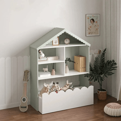 Kids Bookcase with Storage Bin – House - Shaped White Bookshelf for Bedroom, Playroom, Daycare BC038W - with | Sold by Uncle Wiener's Wholesale
