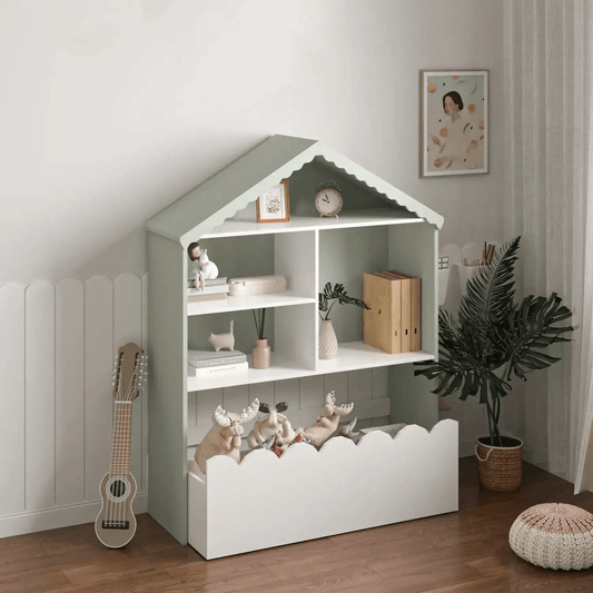 Kids Bookcase with Storage Bin – House - Shaped White Bookshelf for Bedroom, Playroom, Daycare BC038W - with | Sold by Uncle Wiener's Wholesale