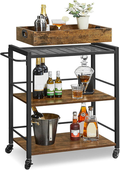 Kitchen Serving Cart with Removable Tray, 3 Tier Rolling Kitchen Cart with Storage Shelves, Utility Cart on Wheels for Kitchen, Dining Room and Bar Rustic Brown and Black LRC72X - with | Sold by Uncle Wiener's Wholesale