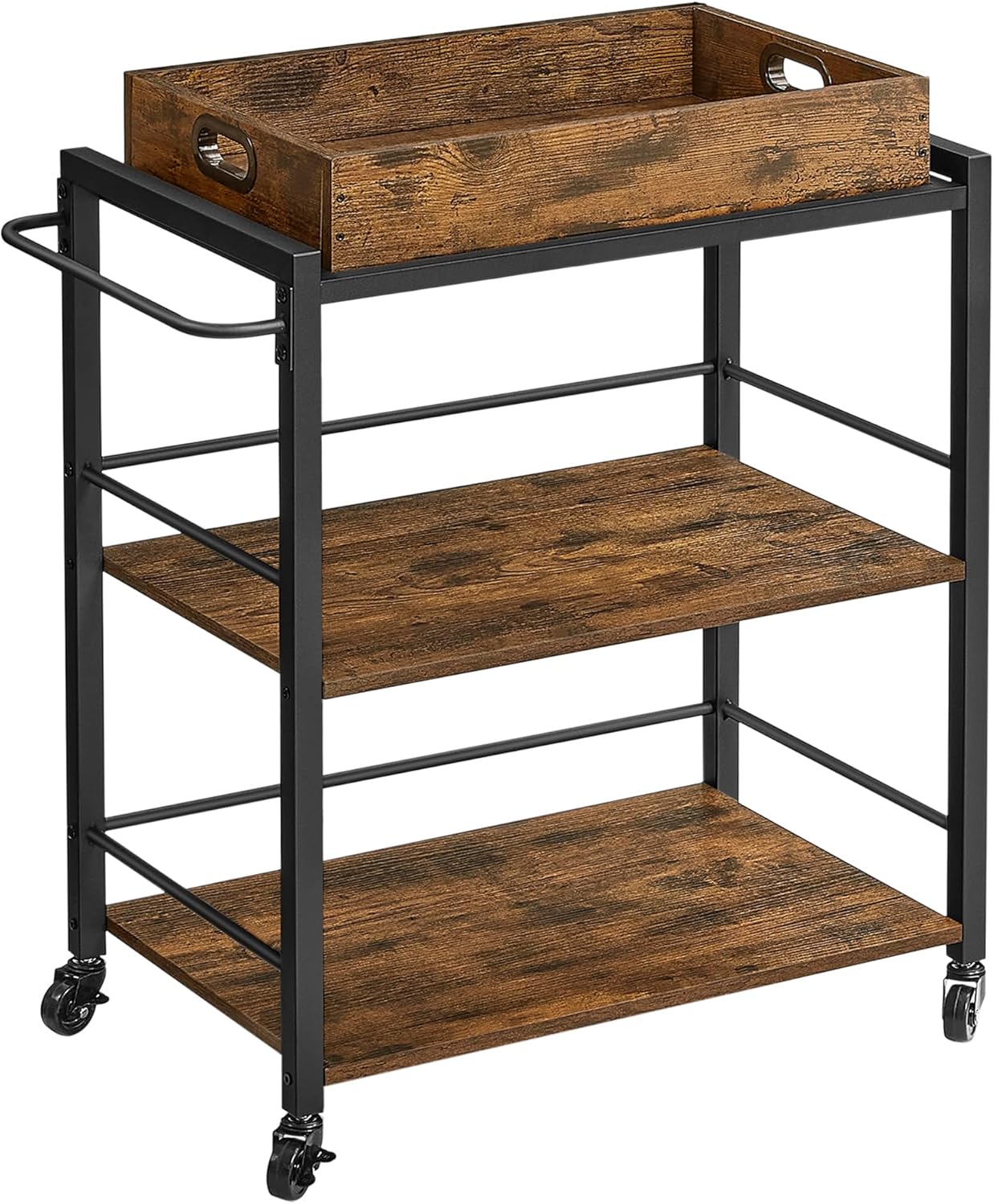 Kitchen Serving Cart with Removable Tray, 3 Tier Rolling Kitchen Cart with Storage Shelves, Utility Cart on Wheels for Kitchen, Dining Room and Bar Rustic Brown and Black LRC72X - with | Sold by Uncle Wiener's Wholesale