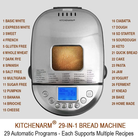 KITCHENARM 29 - in - 1 SMART Bread Machine with Gluten Free Setting 2LB 1.5LB 1LB Bread Maker Machine with Homemade Cycle - Stainless Steel Breadmaker with Recipes Whole Wheat Bread Making Machine - with | Sold by Uncle Wiener's Wholesale