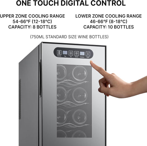 Koolatron Wine Fridge - Wine Cooler, 18 Bottle Wine Cabinet for Champagne, Red & White Wine, Dual Zone Thermoelectric Freestanding Cellar For Bar, Home, Kitchen, Double Paned Glass Door, (53L). Has some damaged on the back side - with Black 18 Bottle | Sold by Uncle Wiener's Wholesale