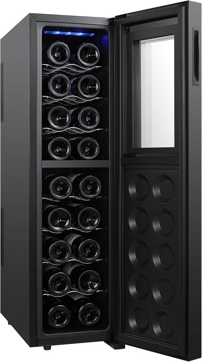 Koolatron Wine Fridge - Wine Cooler, 18 Bottle Wine Cabinet for Champagne, Red & White Wine, Dual Zone Thermoelectric Freestanding Cellar For Bar, Home, Kitchen, Double Paned Glass Door, (53L). Has some damaged on the back side - with Black 18 Bottle | Sold by Uncle Wiener's Wholesale