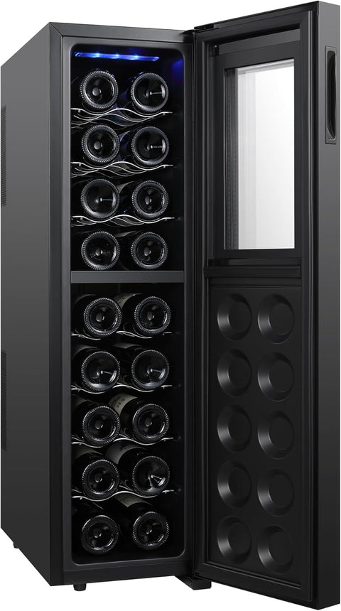 Koolatron Wine Fridge - Wine Cooler, 18 Bottle Wine Cabinet for Champagne, Red & White Wine, Dual Zone Thermoelectric Freestanding Cellar For Bar, Home, Kitchen, Double Paned Glass Door, (53L). Has some damaged on the back side - with Black 18 Bottle | Sold by Uncle Wiener's Wholesale